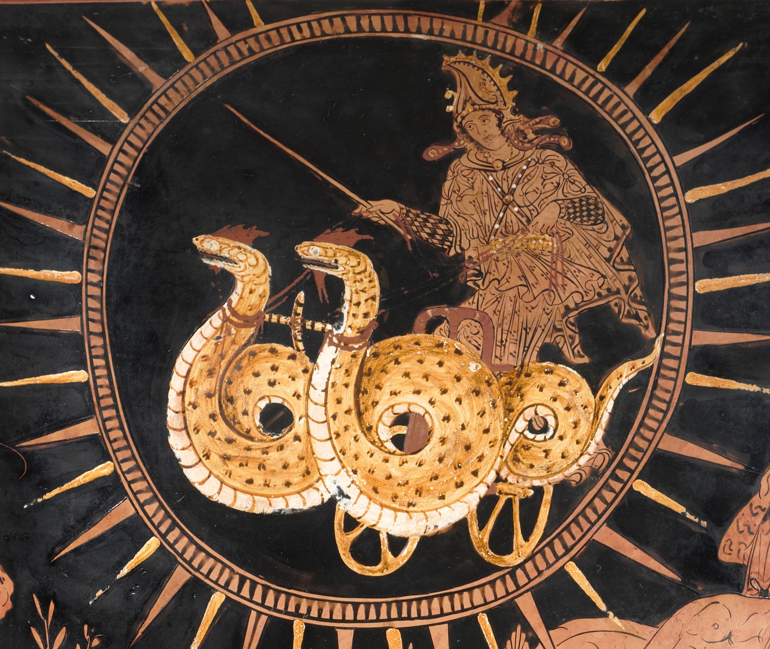 Medea in a chariot drawn by serpents, red-figure vase painting